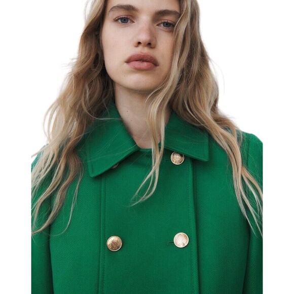 Zara Buttoned Tailored Coat XS Kelly Green Double Breasted Blogger Favorite - Picture 4 of 16